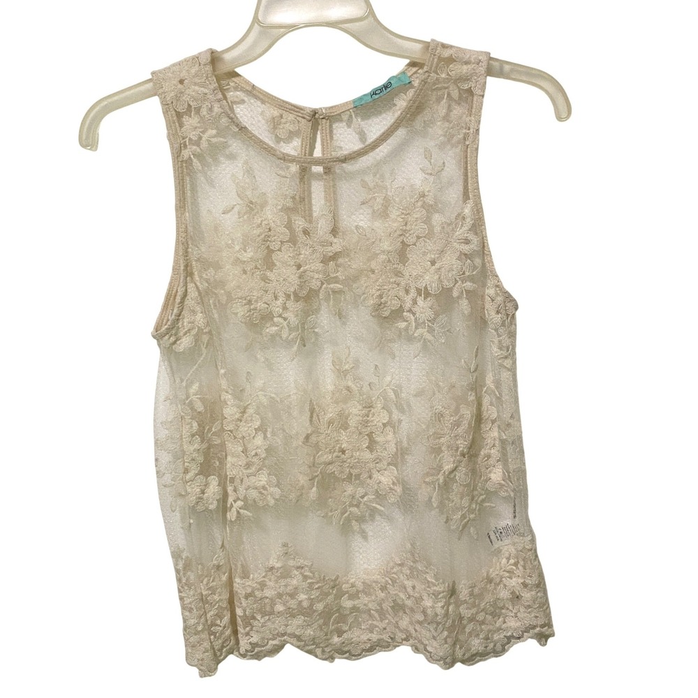 Y2K Beige Sheer Lace Tank Top M Embroidered Keyhole Back Romantic‎ Coquette USA